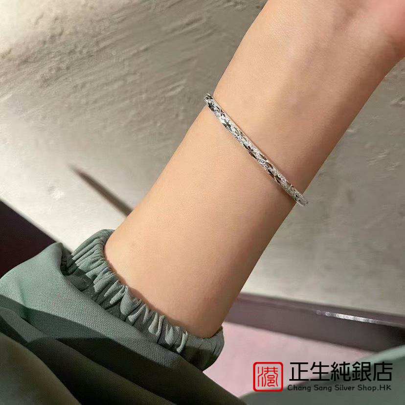 香港正生999手镯女纯银满天星银镯子足银送女友情人礼物时尚手饰