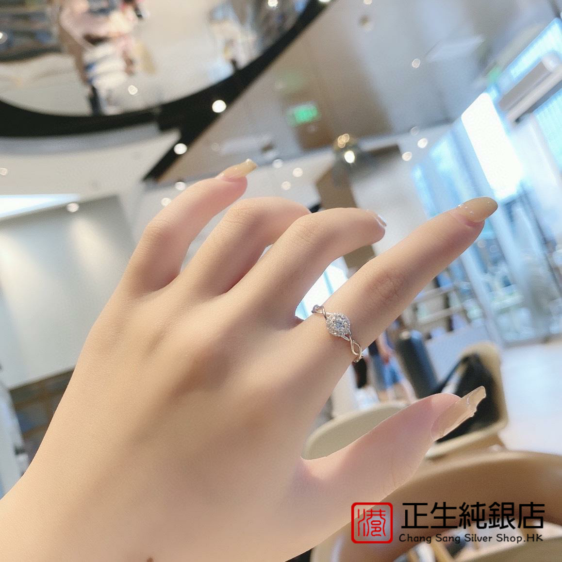 香港正生s925纯银小清新女戒日韩简约ins风小众单锆石交织花戒指