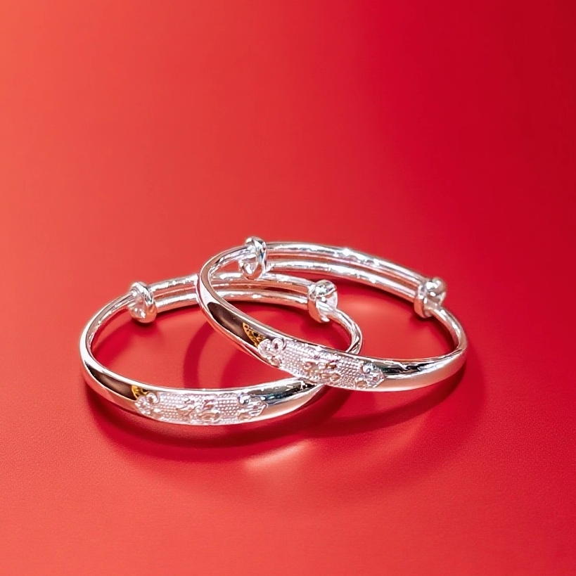 香港正生纯银9999足银宝宝手镯宽面祥云福实心婴儿满月周岁送礼