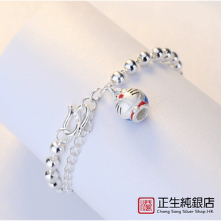 香港正生纯银足银999纯银手链女童可爱儿童男宝宝婴儿卡通猫圆珠