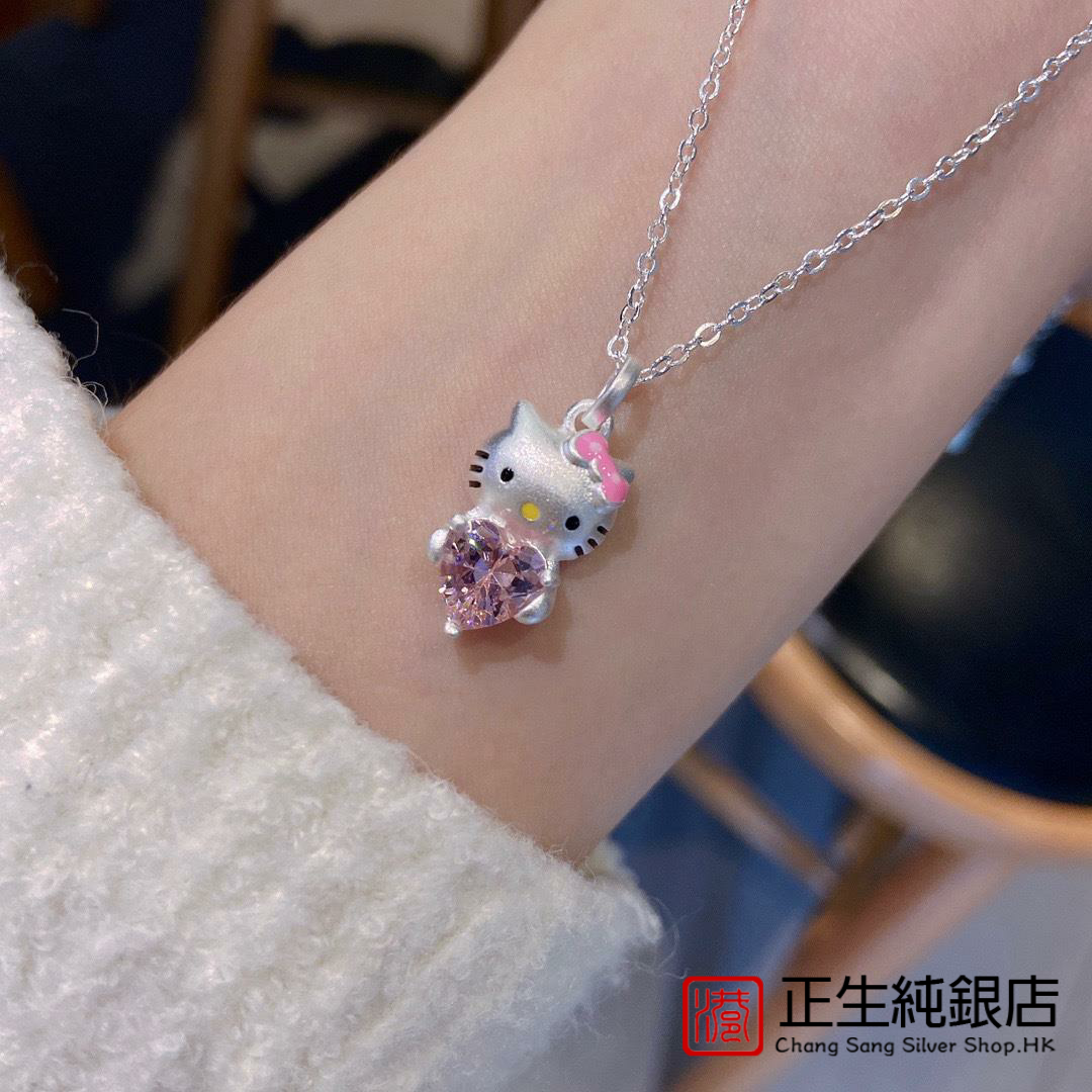香港正生银饰s925纯银甜美小清新可爱俏皮粉心kt猫项链锁骨链学生