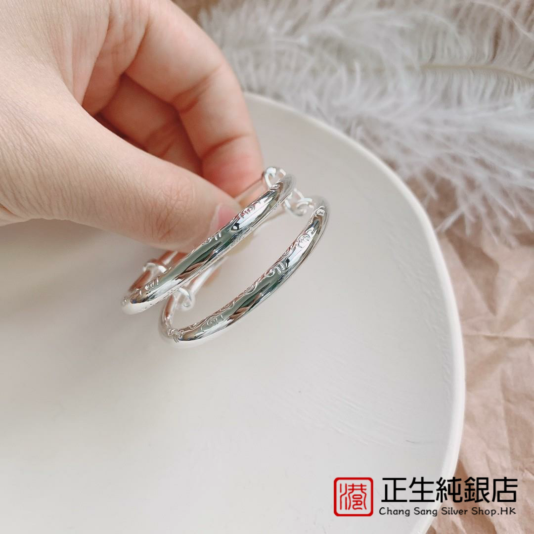 香港正生s999纯银圆棍祥云足银手镯吉祥如意健康送婴儿满月周岁礼