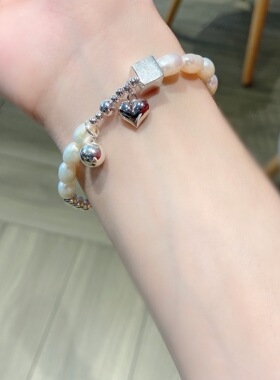 香港正生纯银S925银韩版时尚手链女DIY纯银光珠方块爱心铃铛淡水