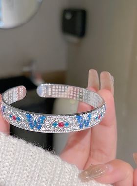 香港正生9999纯银手镯女款国潮风珐琅烧蓝蝴蝶心经送礼物足银手镯