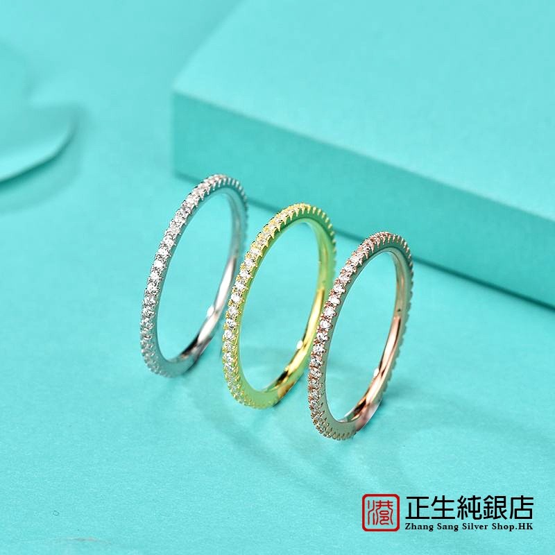 香港正生纯银S925纯银排钻戒指日系百搭冷淡风锆石指环副戒叠戴戒