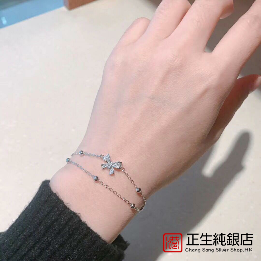 香港正生纯银s925银蝴蝶结双层珠珠手链女气质小清新甜美闺蜜礼物