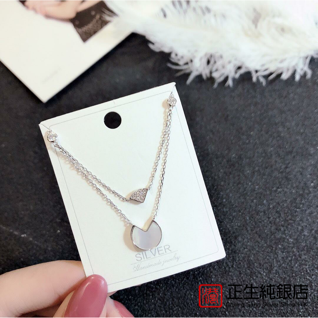 香港正生纯银s925银白色圆片贝母双层项链潮人轻奢气质简约小众女