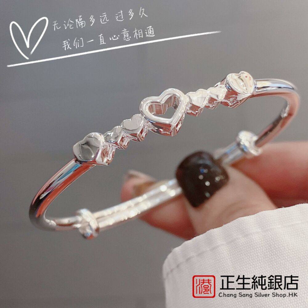 心相印银手镯女999纯银日韩小众设计甜美少女年轻款爱心足银镯子