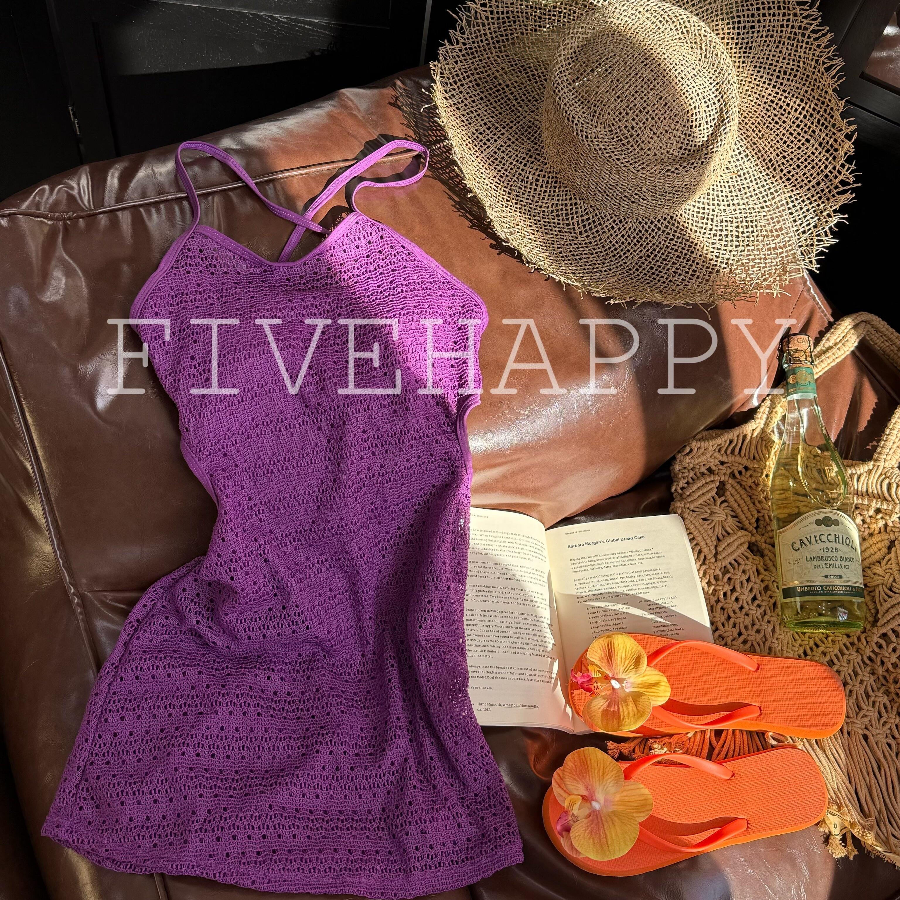 FiveHappy紫色显白高级针织连体泳衣度假连体裙泳衣沙滩罩衫女款