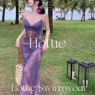 Hottie紫羅蘭性感女神bikini三件套長裙沙灘溫泉度假分體泳衣8412