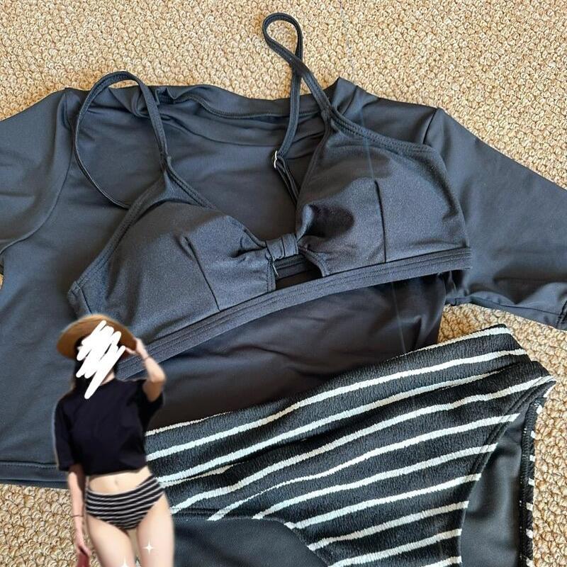 Hot Gir网红风黑色条纹比基尼性感显瘦短袖海边度假分体泳衣女款
