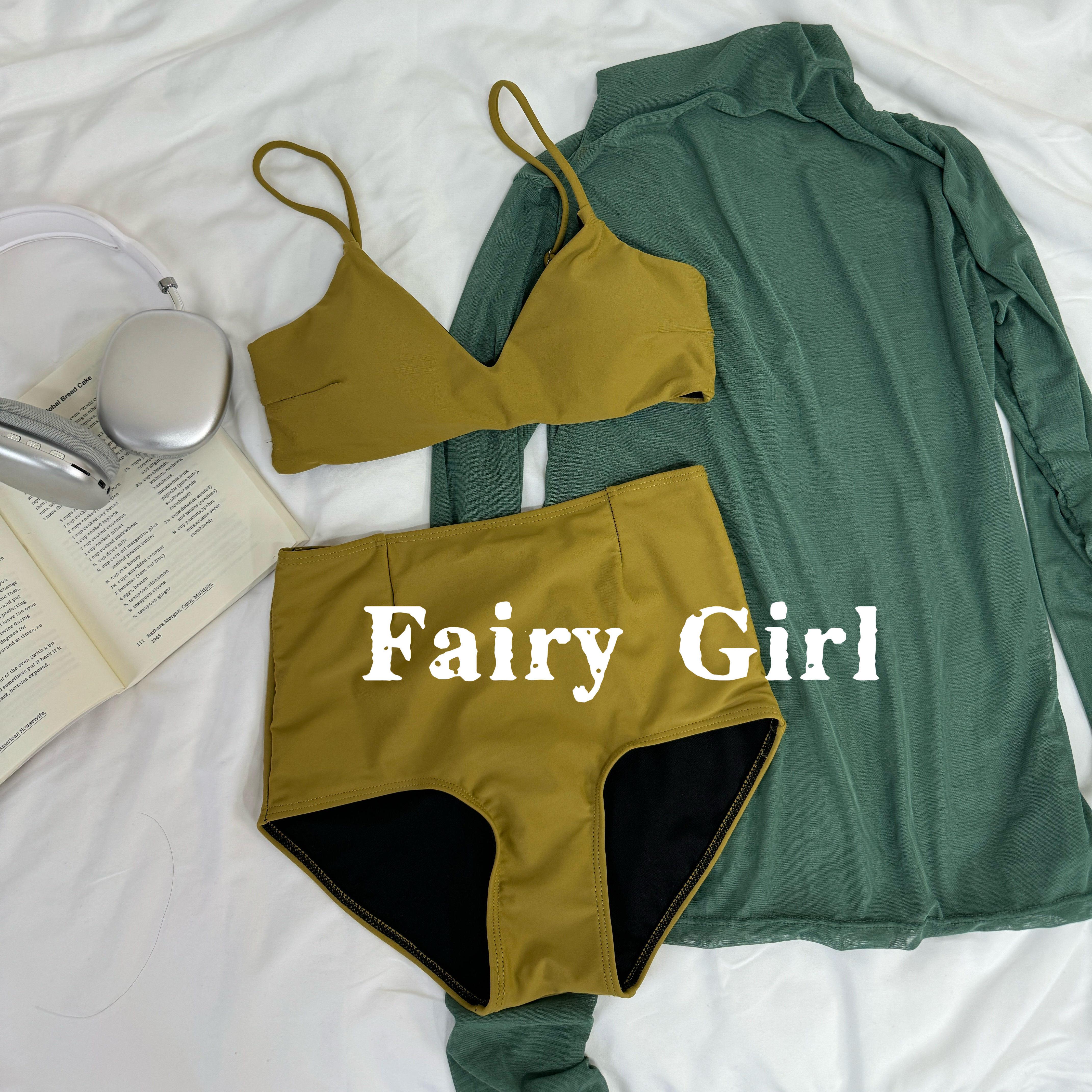 Fairy Girl蓝宝石分体网纱长袖三件套装泡温泉度假泳衣周雨彤同款