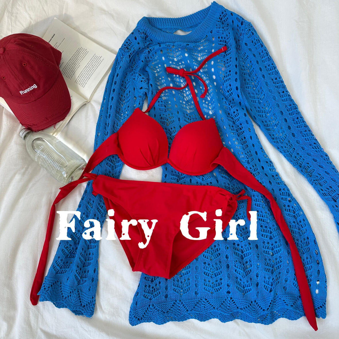 Fairy Girl莓果酱时尚辣妹针织镂空罩衫三件套钢托聚拢沙滩度假