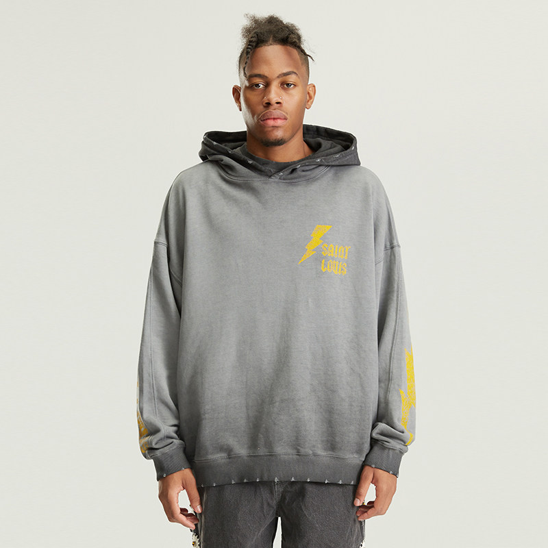 saint louis 水洗灰色做旧闪电印花帽衫潮流秋季情侣街头连帽卫衣