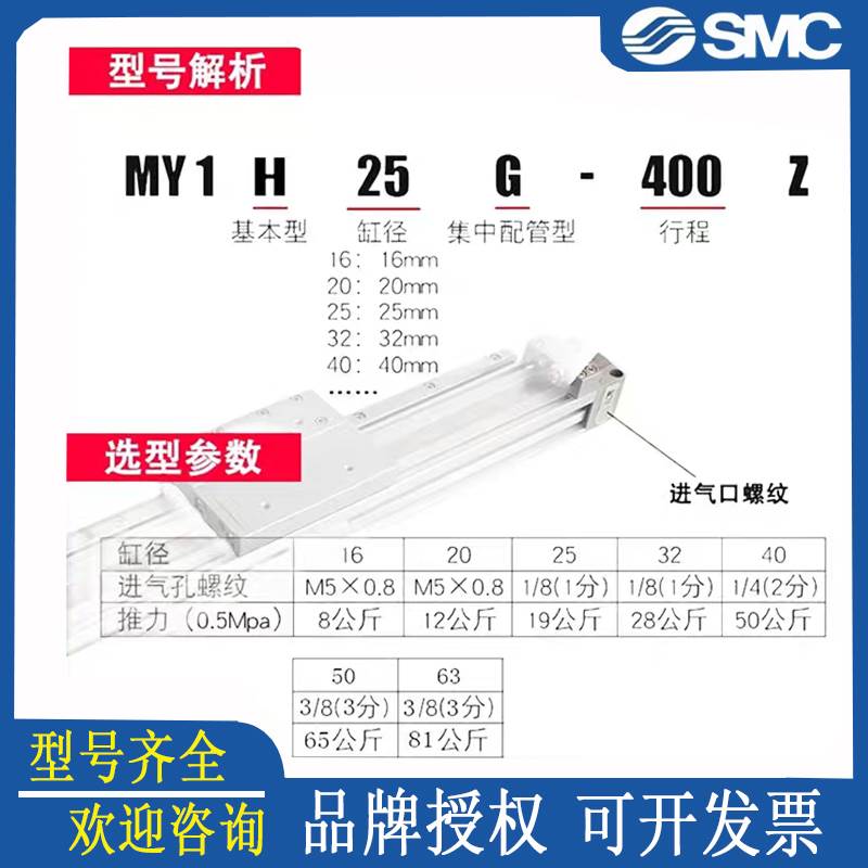 SMC机械无杆气缸MY1H16/20/25/32/40G-100-200-300-500-900-A-L-H