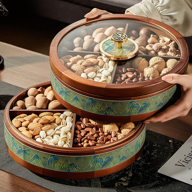 高端千里江山实木可旋转圆形果盘