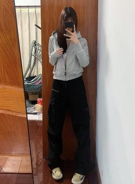 美式复古灰色卫衣外套连女LBI秋春季2025新款加绒休闲拉链款短帽