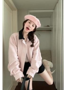 韩系粉色麂皮小香风XMZ外套夹女春上秋2新025款美式短款小众克翻