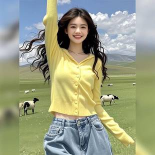 橙色短款连帽毛衣织开衫女装针20新25开xsc-1900春季晖款余风穿搭