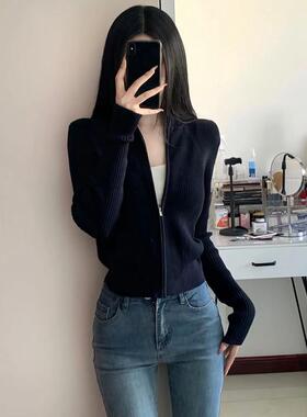 黑色拉链针织开衫外套款女装早秋打963R季2024新外搭毛修身衣底衫
