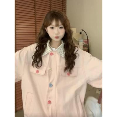 粉色碎女RA14322花撞色翻领外套春秋025新款宽2松甜美可爱设计感