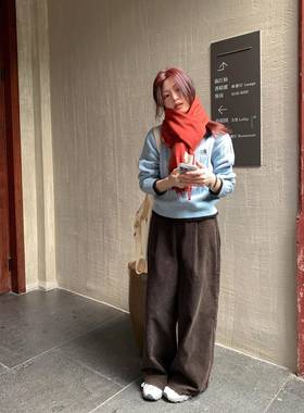 西西里安 牛女奶黑巧冬~复古灯芯绒阔腿CEJ裤秋小直个子筒显瘦休