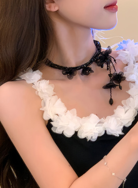 夜色舞曲~复古黑色多层水晶花朵串珠项链小众个性礼服配饰锁骨链