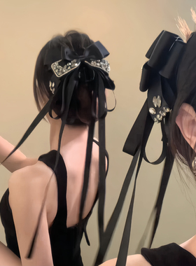 BXA时髦千金~法式复古镶钻蝴蝶结飘带抓夹轻奢气质盘发鲨鱼夹发饰