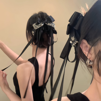 BXA时髦千金~法式复古镶钻蝴蝶结飘带抓夹轻奢气质盘发鲨鱼夹发饰