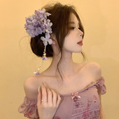 微风紫黛 新中式 紫色花朵流苏发夹女侧边夹头花汉服旗袍头饰发饰