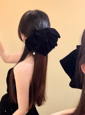 智性美人~温柔气质黑色丝绒蝴蝶结抓夹发饰女法式复古鲨鱼夹发卡