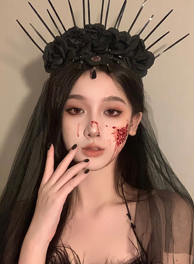 BXA万圣节黑色花朵发箍头饰暗黑系哥特风发饰cos装扮拍照道具配饰