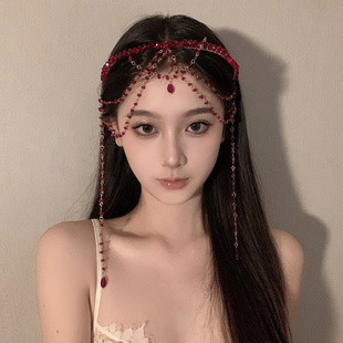 BXA波西米亚额头链红色宝石眉心坠头饰异域民族风额饰小众头链