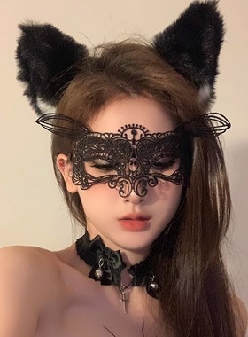 BXA黑色蕾丝性感猫耳朵发箍发饰纯欲禁欲系眼罩网纱面罩万圣穿搭