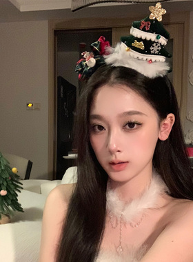 BXA圣诞物语~绿色圣诞树毛绒圣诞帽发箍发夹女圣诞节拍照发饰头饰