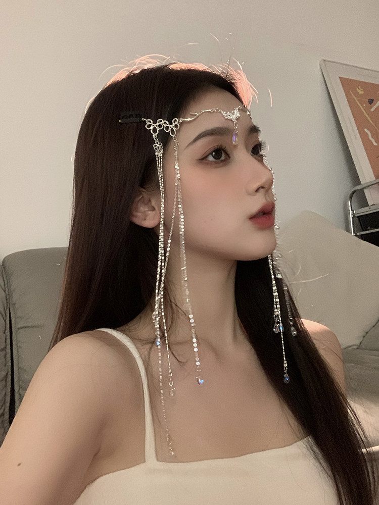 bxa楼兰少女发链水滴流苏面帘发夹西双版纳头饰印度新娘古装配饰