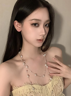 BXA夏季长款珍珠项链大气高级感满天星珍珠颈链配饰女耳圈套装