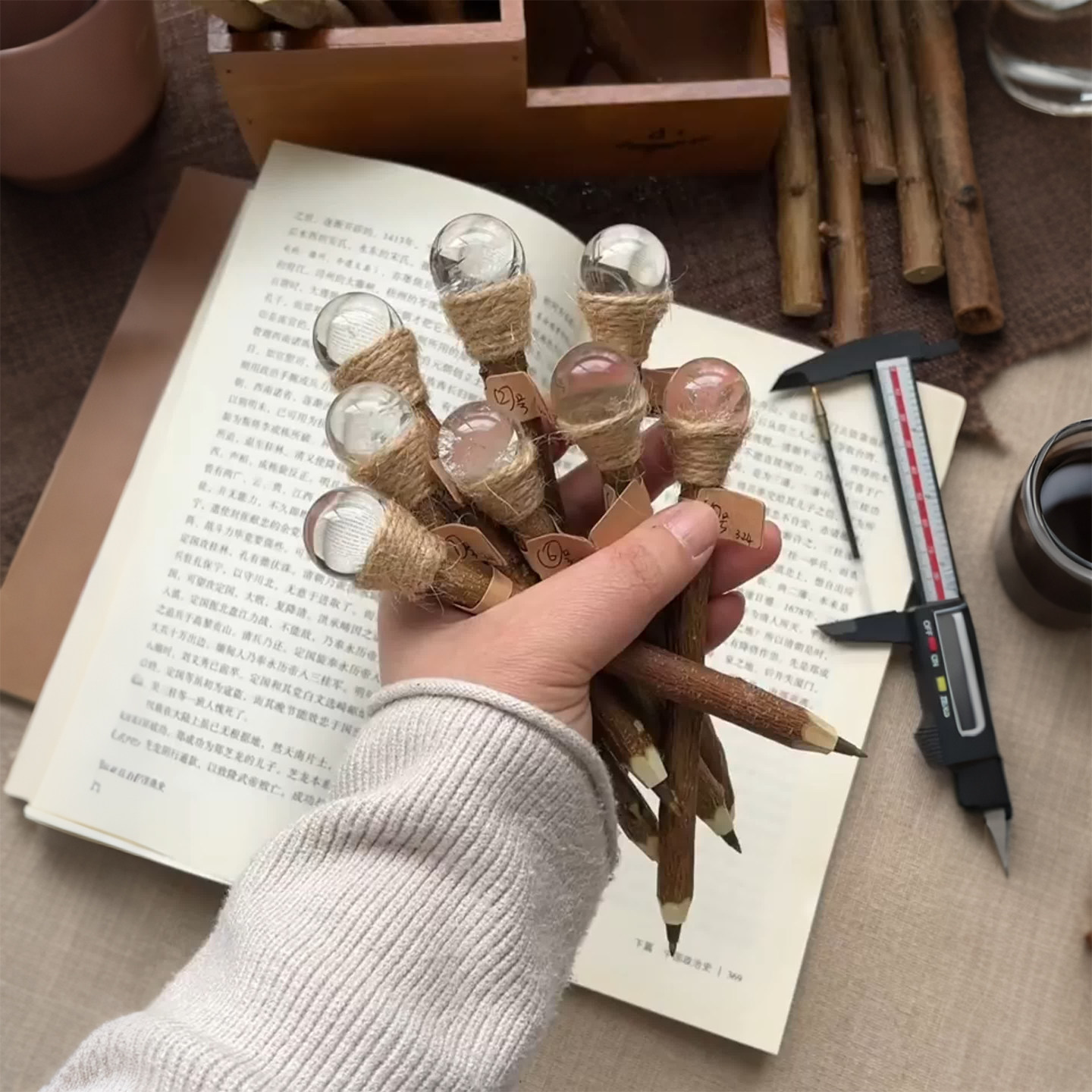 魔法水晶笔｜天然水晶原石圆珠笔实木复古魔法笔工艺品拐杖签字笔