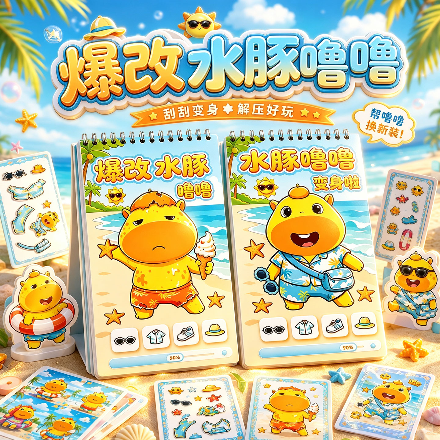 2026款火爆改水豚噜噜刮画本儿童手工diy益智换装贴纸书女孩玩具6图片