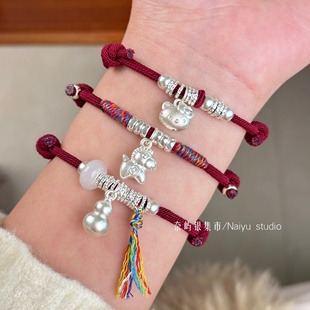 足银999本命年生肖马上有钱红绳手链新款KT猫许愿星招财盘缠手绳