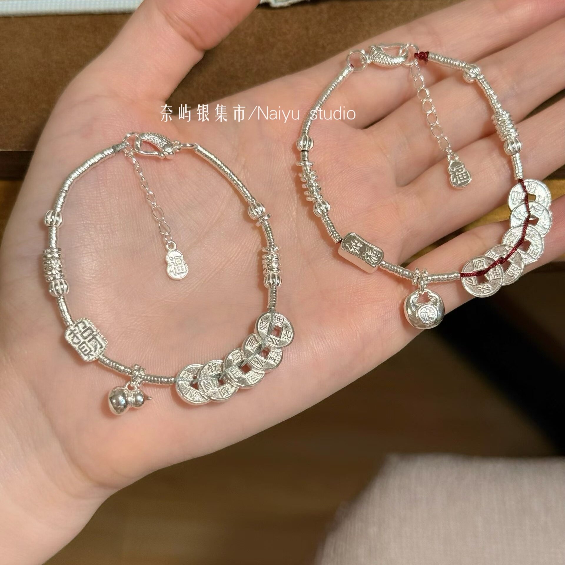 足银999招财葫芦五帝钱手链实心小银坨纯银新中式手串礼物