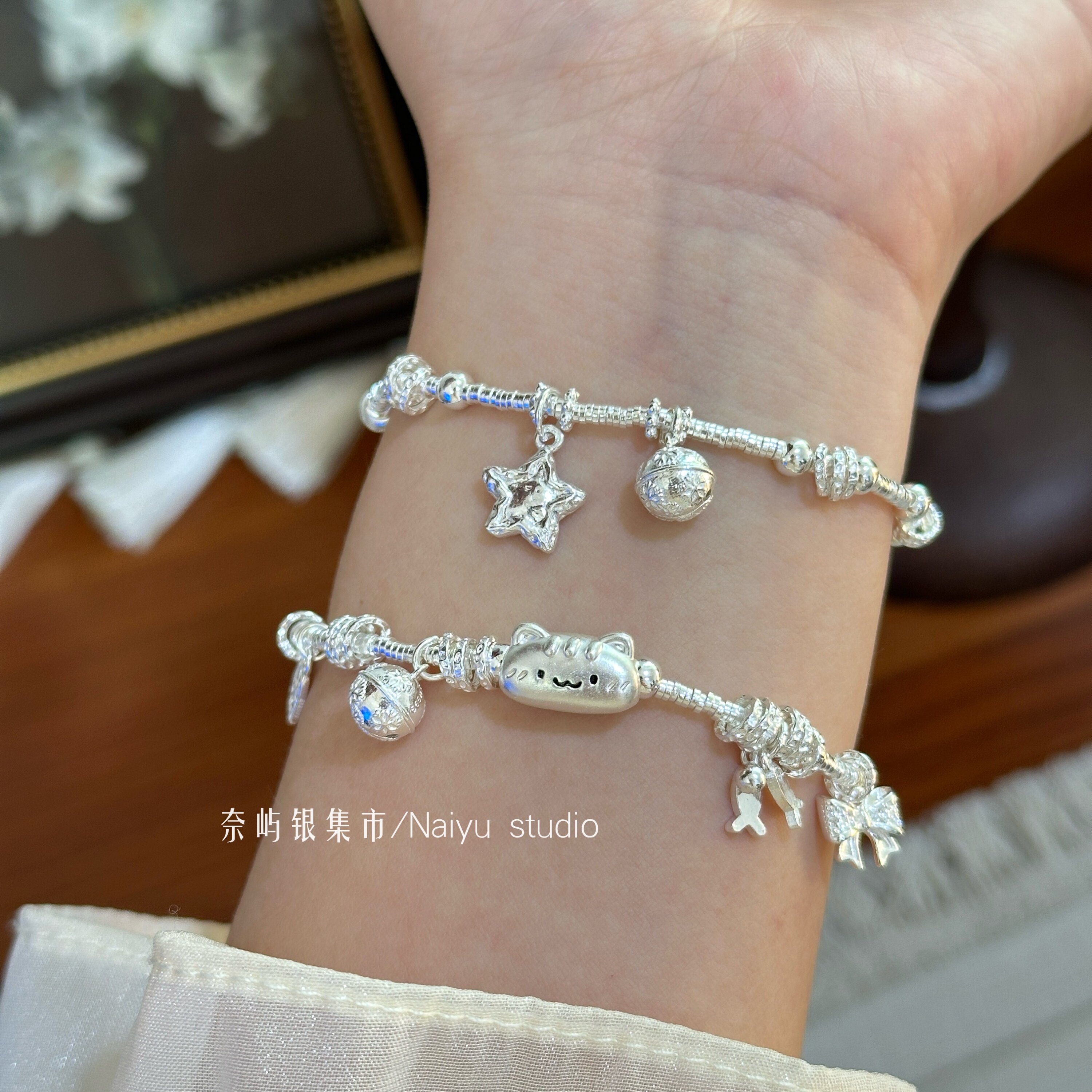 足银999星星铃铛法棍猫碎银手链