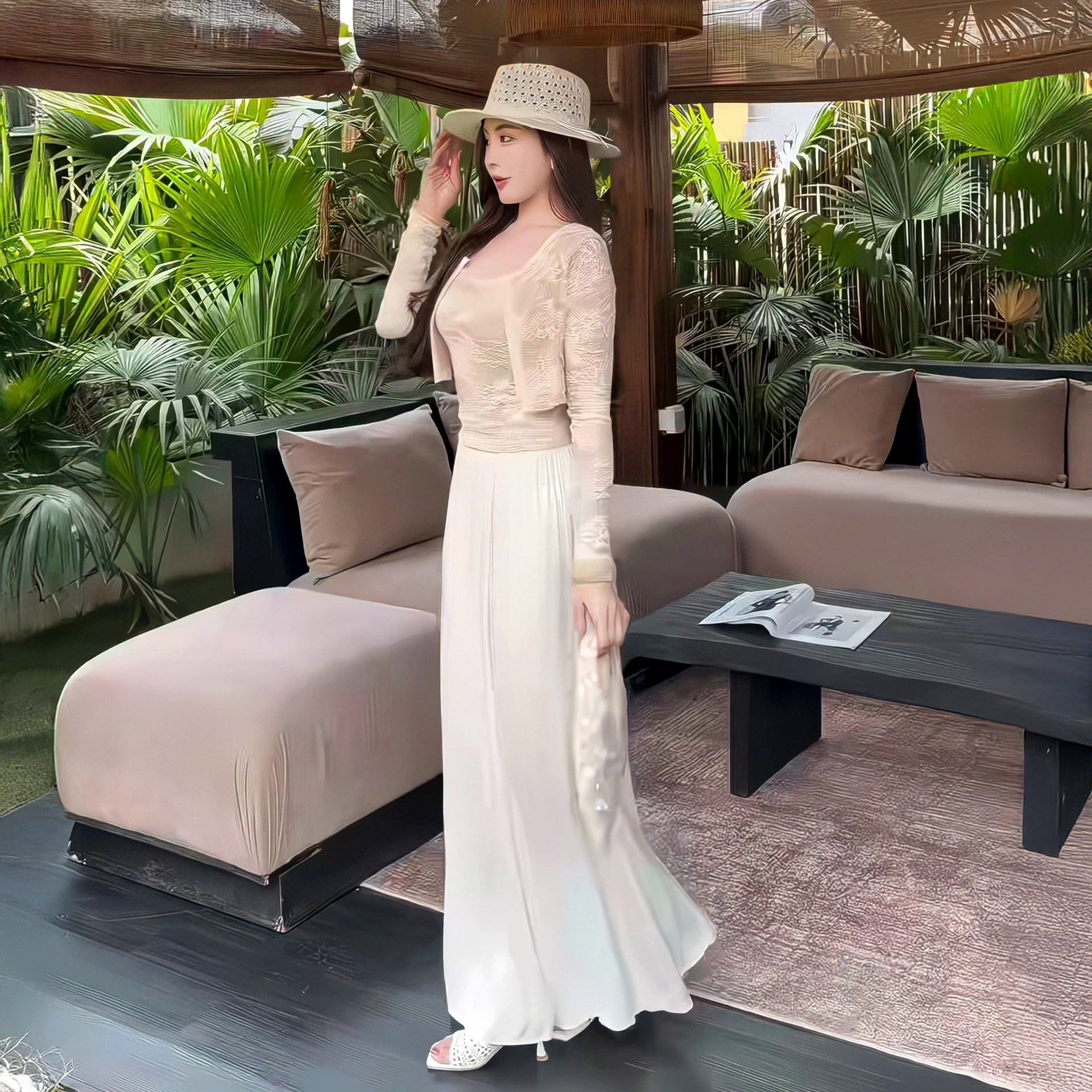 夏季温柔风薄纱外套吊带裙两件套修身收腰连衣裙气质a字裙长裙女