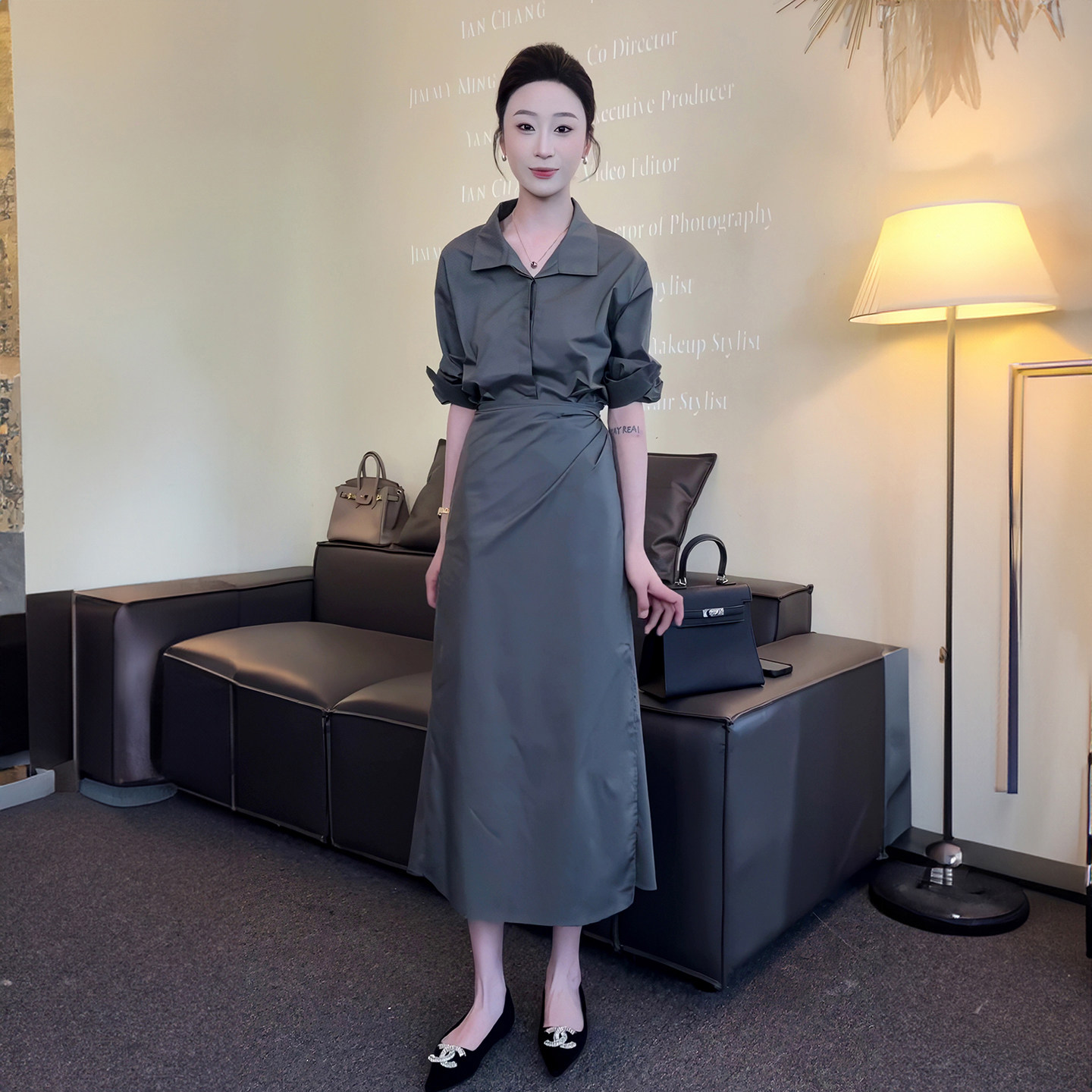 高级感翻领收腰系带衬衫裙子