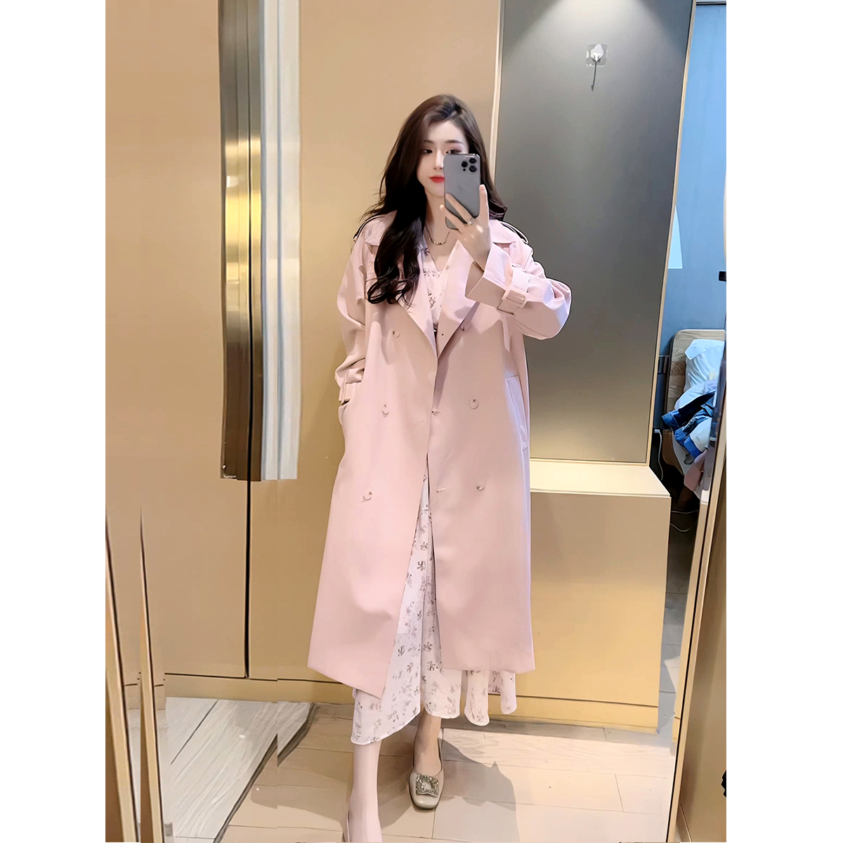 法式粉色风衣外套女中长款