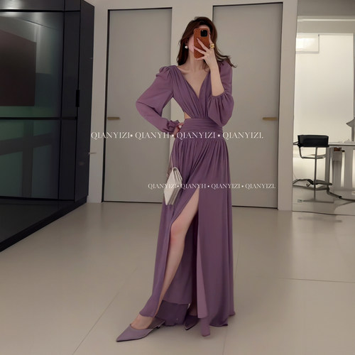 V领灯笼袖收腰气质连衣裙