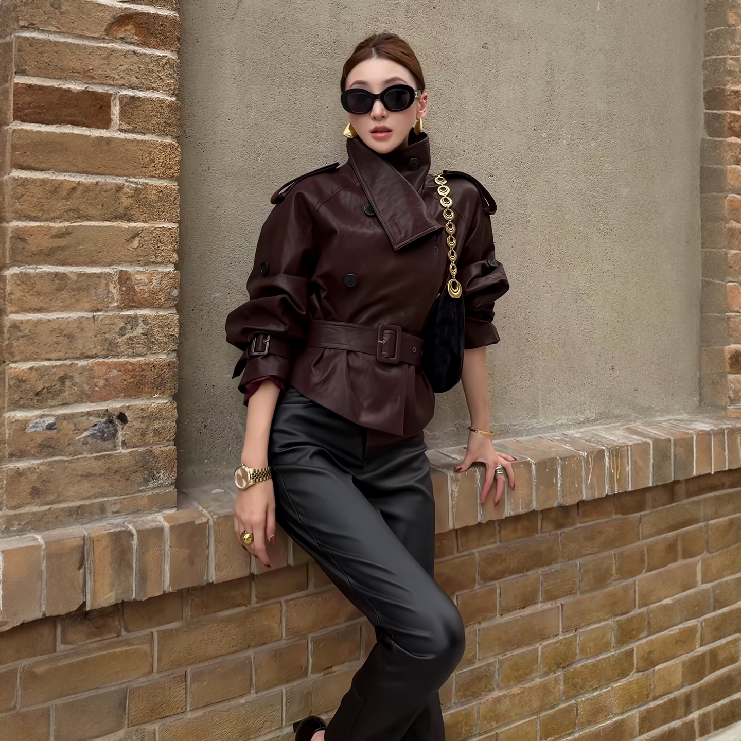 复古御姐气质收腰皮衣外套女装