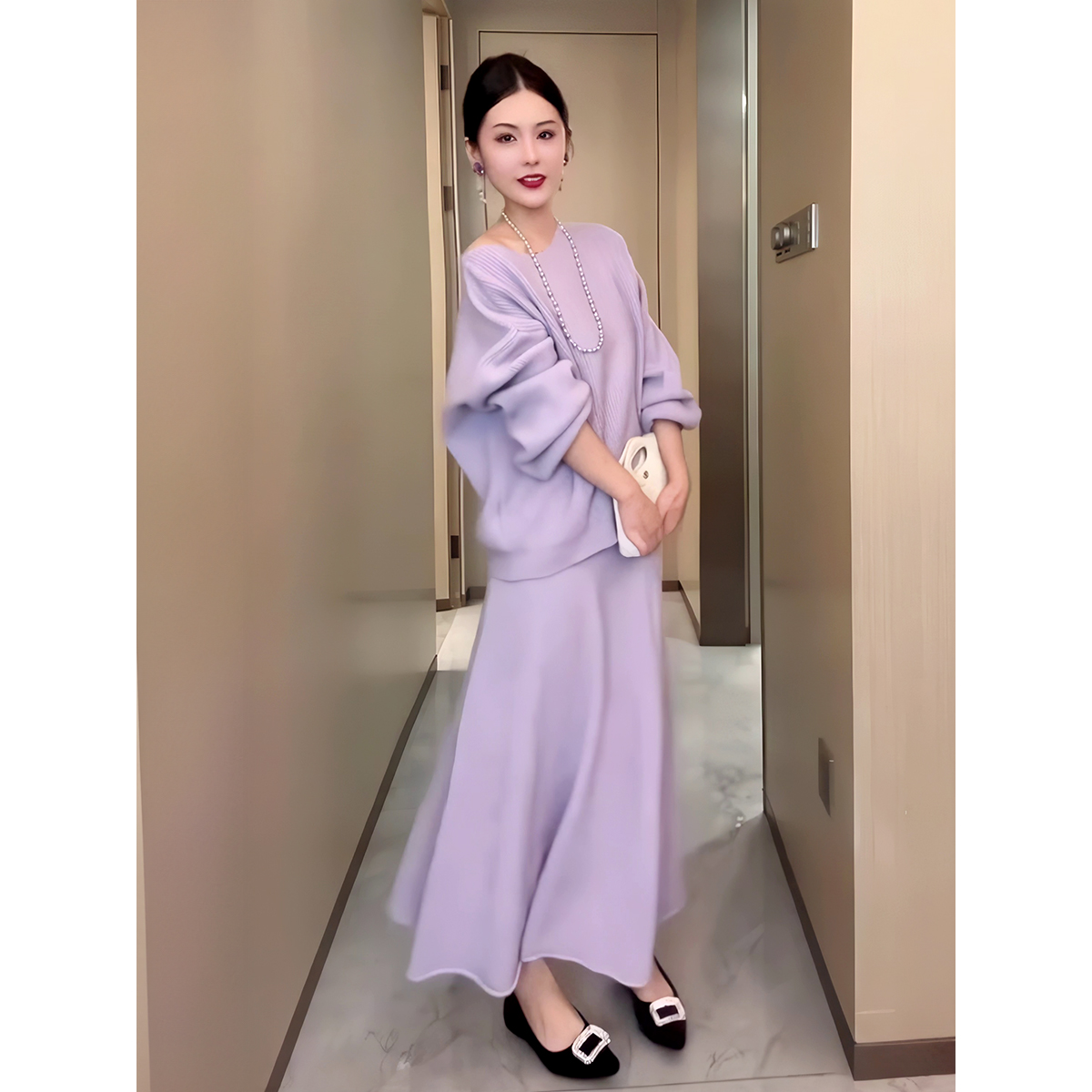 韩国chic秋冬温柔气质软糯百搭长袖针织毛衣+包臀鱼尾半身裙套装