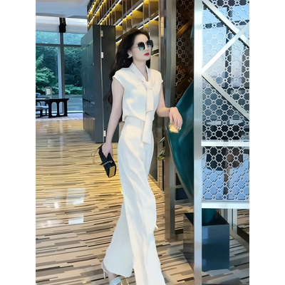 杏色无袖上衣裤子两件套装女
