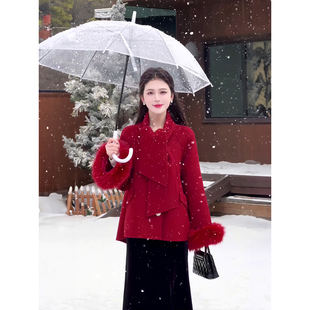 2025秋冬新款白色仿狐狸毛双面羊绒大衣女短款呢子冬天韩系毛呢外